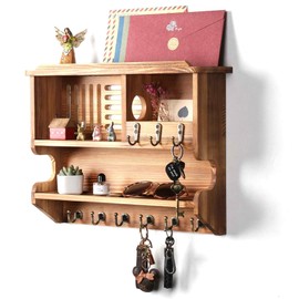 Maranon Key Holder, Key Holder for Wall, Key and Mail Holder for Wall, Mail Organizer Wall Mounted for Home Decor, Mail and Key Holder with Key Hooks, Pine Wood Light Brown