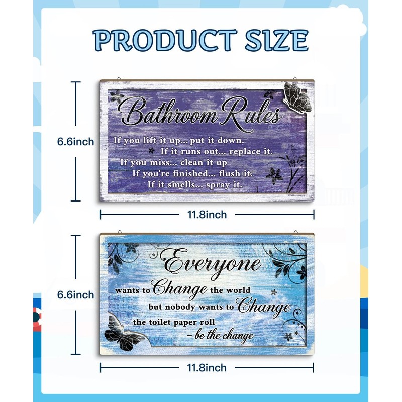 2 Piece Funny Bathroom Rules Wall Art, Rustic Wooden Hanging