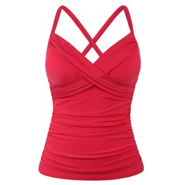 Hilor Traje de baño Tankini con Aros para Mujer, con Cuello en V, para Control de Abdomen Grande, Solo Parte Superior, Rojo, 14
