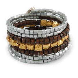 Avalaya Multistrand Beaded Coiled Flex Bracelet in Silver, Brown, Gold - Adjustable