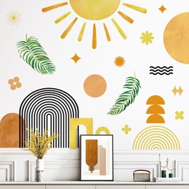 RAINBOW WSK Boho Sun Wall Decals Watercolor Sunshine Arch Palm Plants Wall Stickers Yellow Dots Half Sun Wall Decor for Kids Removable Peel and Stick Wall Mural for Bedroom Nursery Classroom MS2353-KQ