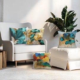 LANBEIDE Teal Gold Ginkgo Cushion Cover, Set of 4 Ginkgo Leaves Pillow Cover Outdoor Throw Pillow Case Decor Home Livingroom Sofa Couch 18"x18"(45x45cm)