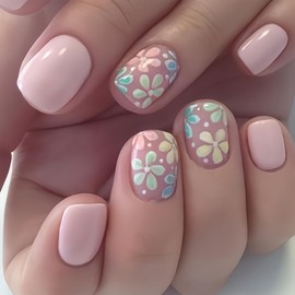 Flower Press on Nails Short Square Fake Nails Pink Acrylic Nails Spring Summer False Nails Glossy Glue on Nails Cute Floral Nails Press on Spring Summer Stick on Nails for Women Girls 24Pcs