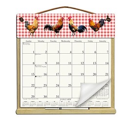Wooden Refillable Calendar Holder Filled with a 2025 Calendar and Includes an Order Form Page for 2026-ROOSTERS ON RED