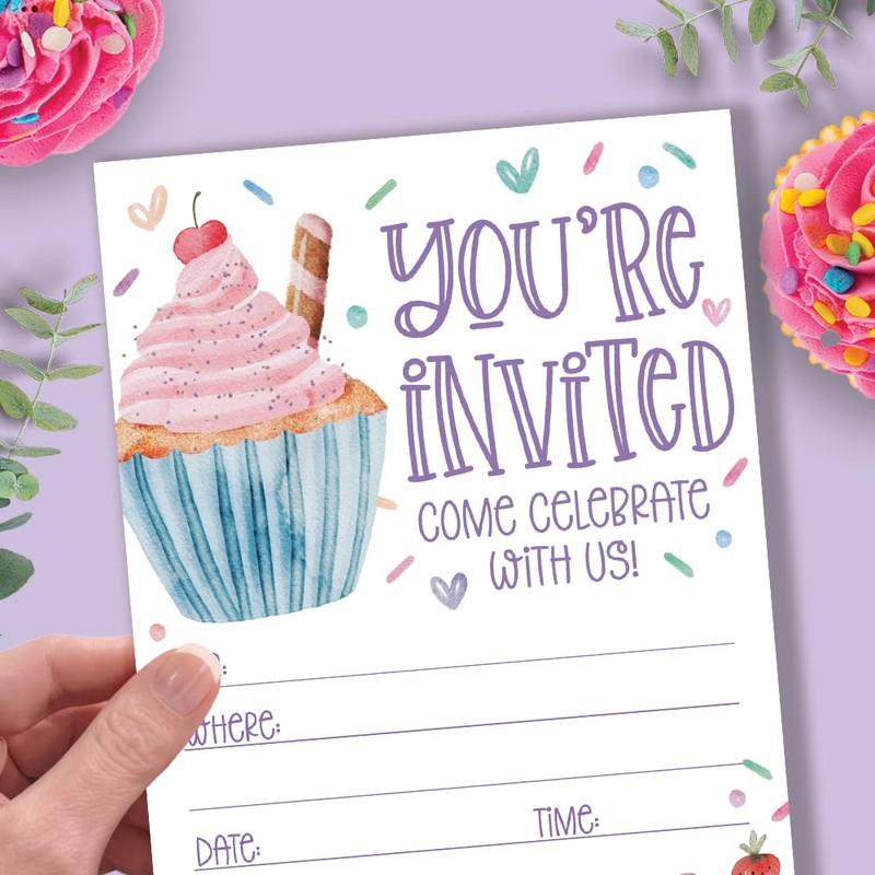 Cupcake Invitations Birthday (20 Count With Envelopes) - Watercolor Cupcakes