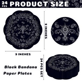 Jajajuegos 24 pcs 9" Black Bandana Paper Plates Black Bandana Western Party Supplies Black Bandana Floral Paper Plates Set Black Bandana Dinner Paper Plates for Black Bandana Party