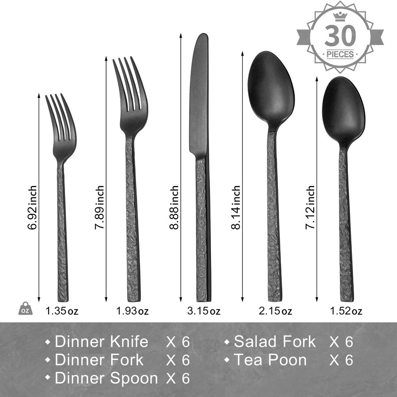 KINGSTONE 30 Pcs Black Hammered Silverware Set for 6, 18/10