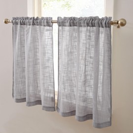 HLC.ME Linda Faux Linen Textured Semi Sheer Privacy Light Filtering Transparent Rod Pocket Short Thick Cafe Curtain Tiers for Small Windows, Kitchen & Bathroom, Set of 2 (35 W x 24 L, Grey)