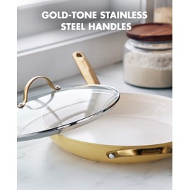 GreenPan Reserve Hard Anodized Healthy Ceramic Nonstick 12" Frying Pan Skillet with Helper Handle and Lid, Gold Handle, PFAS-Free, Dishwasher Safe, Oven Safe, Sunrise Yellow