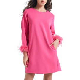 D-Sun Women Feather Dress Round Neck Casual 3/4 Feather Sleeves Party Dress Elegant Wedding Guest Cocktail Mini Dresses Rose Red