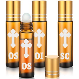 Chuangdi 3 Pcs Small Holy Anointing Oil Roller Bottles 10 ml Glass Holy Oil Containers Empty with Cross and Roller Balls Roll on Bottles for Catholic Christian Church Wedding Baptism Favor(Brown)