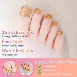 Ceboic 26 Stück Halb Ausgehärtete Gel Nagelfolien, Glänzend Fußnägel Nagelfolie Selbstklebende Fußnagel Sticker, Full Wraps Nagelaufkleber Pediküre Wraps für Frauen und Mädchen - Gold Glitzer