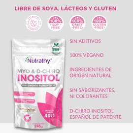 Nutrathy Myo & D-Chiro Inositol en Polvo 246g. Chirositol™. Mezcla Óptima 40:1, 4000mg Myo Inositol y 100mg D-Chiro Inositol, Ingredientes 100% Naturales, Gluten Free, Sugar Free, Vegan, Bottle Free.