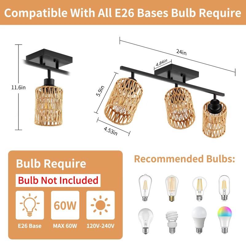 AIBISOD 3-Light Rattan Ceiling Lighting Kits Track Lighting Fixture with