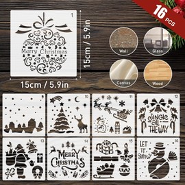 Pack of 16 Stencils Christmas Set, Reusable Plastic Stencils, Children's Painting Stencils, Washable, for Windows, Scrapbooking, Children, DIY Gift Cards