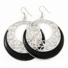 Black Enamel Cut Out Hoop Earrings in Silver Tone/75mm Drop