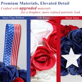 Silk Roses 4th of July Wreath - Red White Blue Patriotic Wreaths for Front Door, Memorial & Independence Day Decorations, Americana Decor for Porch Door Wall Window Indoor Outdoor (18“)