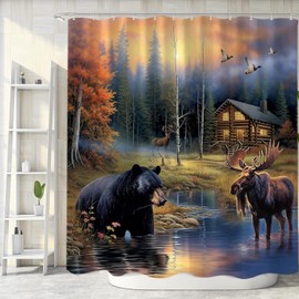 Sanzugh Rustic Bear Shower Curtain, Country Moose Deer Cabin Fabric Shower Curtains Set for Bathroom Lake Lodge Duck Decoration with Hooks 72 X 78 inch Farmhouse Bath Decor