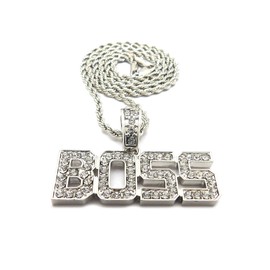 NYFASHION101 Stone Stud Block Letter BOSS Pendant with 2mm Rope Chain Necklace, Silver-Tone, 30"