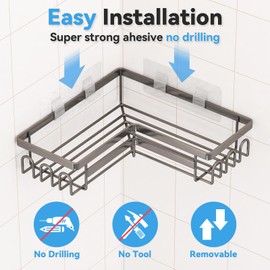 rigors Pack of 3 Shower Shelves without Drilling, Shower Shelf Corner with Hooks, Bathroom Organiser, Shampoo Holder for Shower, Grey Shower Shelf No Drilling for Bathroom and Kitchen