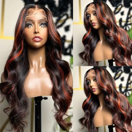 QD-Tizer Orange Highlights Lace Front Wigs 13x4 Glueless Body Wave Long Wavy Hair Wigs Orange and Black Color Synthetic Lace Front Wigs for Women Skunk Stripe Wigs 26Inch