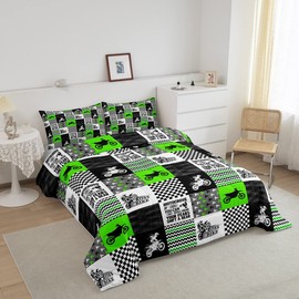 Boys Comforter Sets Twin Dirt Bike Bedding Set, Cool Sports Comforter for Kids Girls Motocross Rider Quilt Motorbike Extreme Sport Duvet Insert Geometry Gird Patchwork Decor Bedding Bedroom Decor