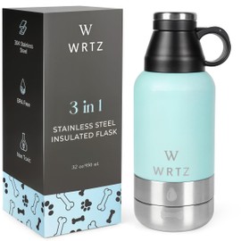 WRTZ Stainless Steel Insulated Water bottle with 2 Removable Water Bowls for Dogs – Leak-Proof Portable Dog Water bottle - Travel Accessories for Dogs - 32oz - Teal