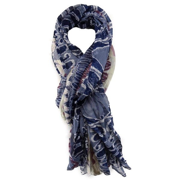 TigerTie Crashed Chiffon Scarf in Blue Grey Beige Red Patterned