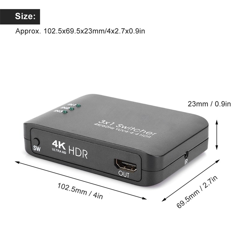 3x1 4K HDMI 2.0 Switcher HD IR Remote Control Splitter