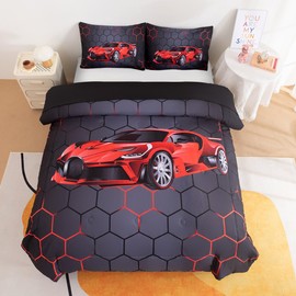 Podol 3 Pieces Race Car Comforter Set Full Size Red Sports Car Bedding Sets for Boy 3D Geometric Bed in a Bag Kids Extreme Sports Theme Quilt Set