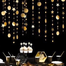 52ft Gold Circle Dot Star Garland HADEEONG 4Pcs Star Garland Party Streamers Reflective Glitter Paper Circle Dot Hanging Gold Party Celebration Decorations