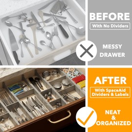 SpaceAid Bamboo Drawer Dividers with Inserts and Labels, Kitchen Adjustable Drawer Organizers, Expandable Organization for Home, Office, Dressers, 10 Dividers with 24 Inserts (17"-22" Gray)