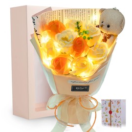 Soap Flower with LED Light, Bouquet, Roses, Artificial Flowers, Cute Bear, Gift For Birthday, Mother's Day, Father’s Day, Celebration, for Women, Retirement Gift, Wedding Gift, Recitals, Soap, Champagne