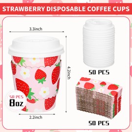 FYSUIMU 50Pcs 8Oz Strawberry Disposable Coffee Cups with Lids and Sleeves Red Pink Strawberry Beverage Paper Drinking Cups for Sweet One First Birthday Summer Fruit Party