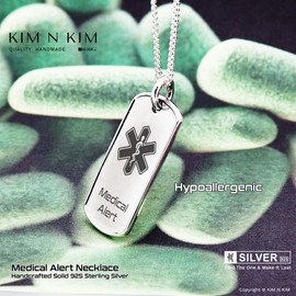 Hypoallergenic Medical Alert Necklace, Solid 925 Sterling Silver, Handcrafted, Free Engraving-KIMNKIM