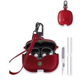 Case Cover for SHOKZ OpenDots ONE E310 Ear Clip Bluetooth Headset,WUNIAK Business Style Soft PU Leather Protective Case with Keychain and Cleaning Kit for Men and Women Shockproof Skin,Dark Night Red