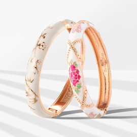wynameleri Cloisonne Bracelet Butterfly and Flower Enamel Cuff Bangles Gold Hinged Bracelets Jewelry Set for Women Gift Box 55A117-55A128 White