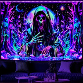 Invoibler Blacklight Skull Tapestry Gothic Skeleton Mushroom Tapestry UV Reactive Horror Tapestries Glow in The Dark Wizard Magic Forest Tapestry Wall Hanging for Home Decor (51.2 x 59.1 inches)