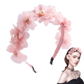 Thinslimer Flowers Headband Pearl Pink Floral Hairbands Summer Costume Hair Accessories for Women