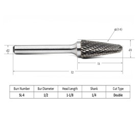 YUFUTOL SL-4 Tungsten Carbide Burr Cylinder Shape Double Cut Rotary Burrs File(1/2 Inch, Cutter Length:1-1/8 Inch, Shank Dia:1/4 Inch,14 degree cone)