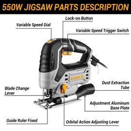 Jig Saw Corded: DEKOPRO Electric Jigsaw Tool Power Jig Saws for Woodworking, Wood Cutter Hand Tool with 6 Variable Speed, 4 Orbital Settings, ±45° Bevel Cutting, Tool-less Blade Quick Release