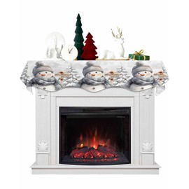 Christmas Mantel Scarf for Fireplace, Snowman Snowflake Pine Tree Scene Winter Fireplace Cover Xmas Decorations Indoor Merry Christmas Mantel Top Scarf Runner for Winter Holiday Party, 17 x 70 Inch