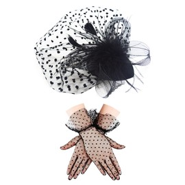 Feather Veil Mesh Hat Lace Short Glove,50s Costume Accessories for Women Wedding,Fascinators Hat for Women Tea Party,50s Vintage Hat Wedding Feather Veil Hair Clip,Headwear with Veil for Girls Women
