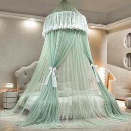 AIKASY Princess Bed Canopy for Girls – Double Layer Sheer Mesh Dome with Romantic Lace Trim, Dreamy Mosquito Net Tent for Twin/Full/Queen/King Beds(Mint Green)