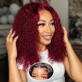 99j Burgundy Glueless Wigs Human Hair Pre Plucked Pre Cut Wear and Go Bob Wig Human Hair Deep Wave Wigs 5x5 HD Lace Closure Curly Wigs for Black Women Lace Front Glueless Wigs Human Hair 8Inch