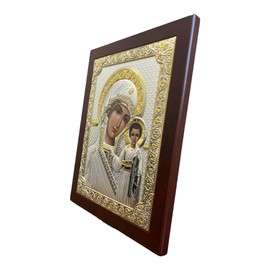 (PR-5/002G/K) Virgin Mary of Kazan Kazanskaya Byzantine Silver Orthodox Icon/Greek Handmade (Red, 9 1/2 x 7 1/4)