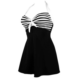 Traje de baño de una pieza con diseño de marinero, estilo retro, vestido con minifalda para cubrir el traje de baño (FBA) de Cocoship , Negro, blanco (envío rápido), Large (fits like US 10)