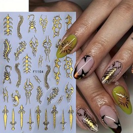 4 Sheets Gothic Nail Stickers for Nail Art Retro Punk Nails Decals 3D Gold Silver Flame Lines Nail Decals Self-Adhesive Centipede Thorn Vine Curves, Swords, Scorpion Design for Women Manicure Supplies