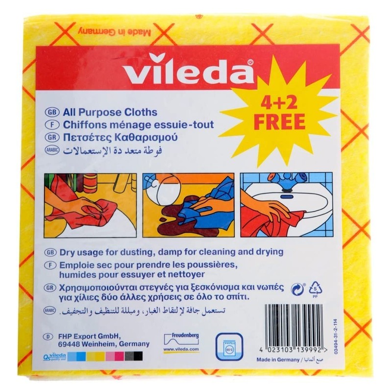 Vileda All-Purpose Cloth 4+2Pcs, Powerful Cleaning, Water-Absorbent, Durable - Yellow