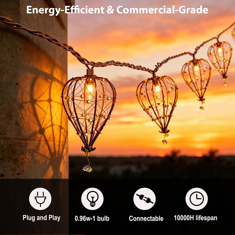 Outdoor Decorative String Lights, Beaded Copper Wire Teardrop Lantern String
